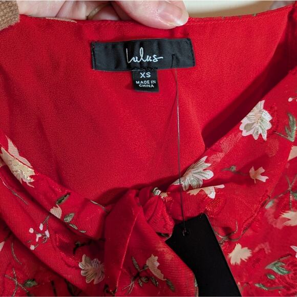 Lulu's red floral tie front long sleeve top - Picture 11 of 14